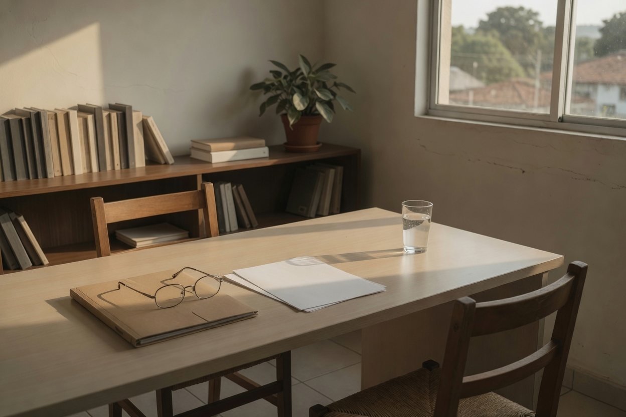 Mesa de atendimento junto à janela, com pasta de documentos, óculos de leitura e um copo d'água, na luz do fim de tarde