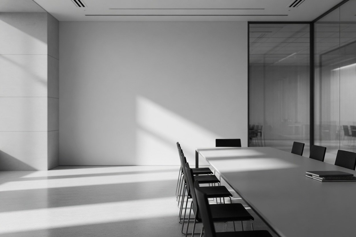 Sala de reunião de escritório contemporâneo, em preto e branco, com mesa longa, cadeiras escuras e divisória de vidro ao fundo