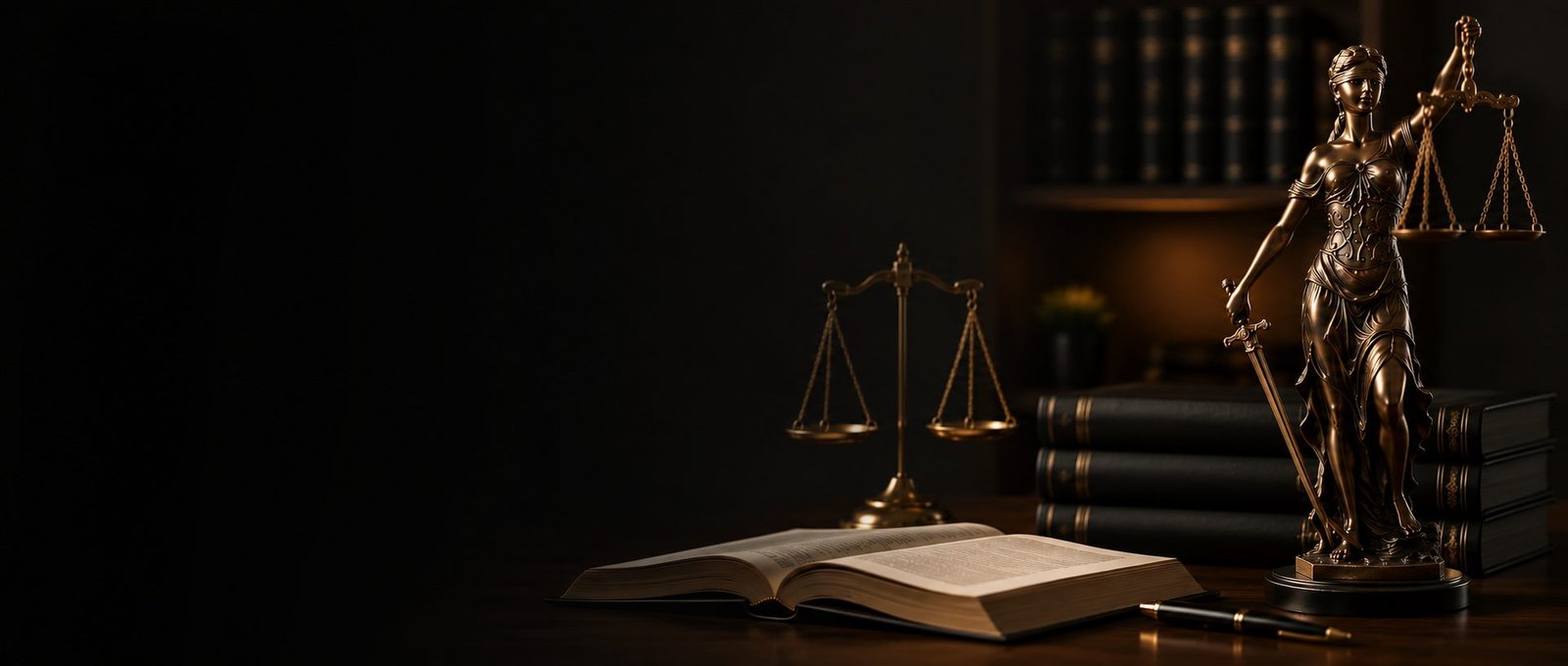 Livros de direito e a balança da justiça sobre a escrivaninha do escritório, em ambiente de luz baixa