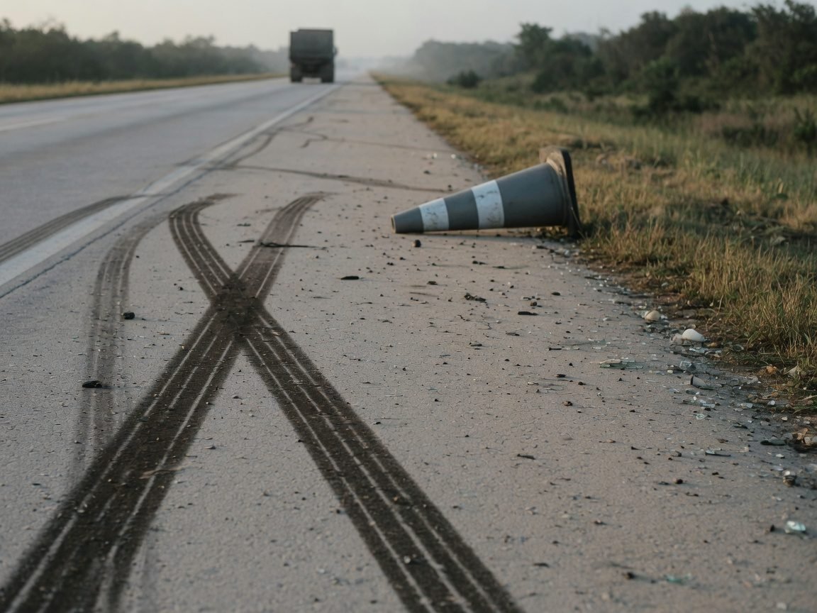 Acostamento de rodovia com marcas de frenagem cruzadas no asfalto, cacos espalhados na beira da pista e um cone de sinalização caído