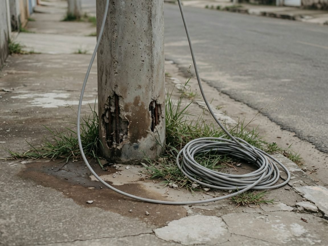 Base de poste de concreto com o vergalhão exposto e um cabo elétrico solto enrolado na calçada, sem nenhuma sinalização em volta