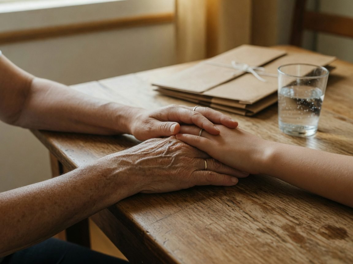 Mão de uma pessoa idosa apoiada na mesa de madeira, com a mão de um familiar mais novo por cima em gesto de amparo, ao lado de uma pasta de documentos fechada