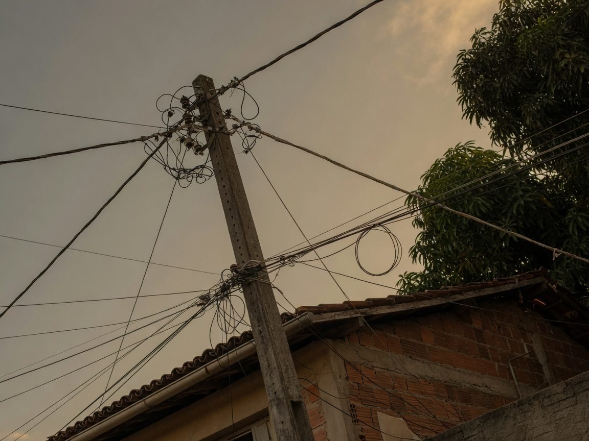 Poste de concreto com fiação elétrica emaranhada e cabos frouxos passando sobre o telhado de uma casa, no fim da tarde