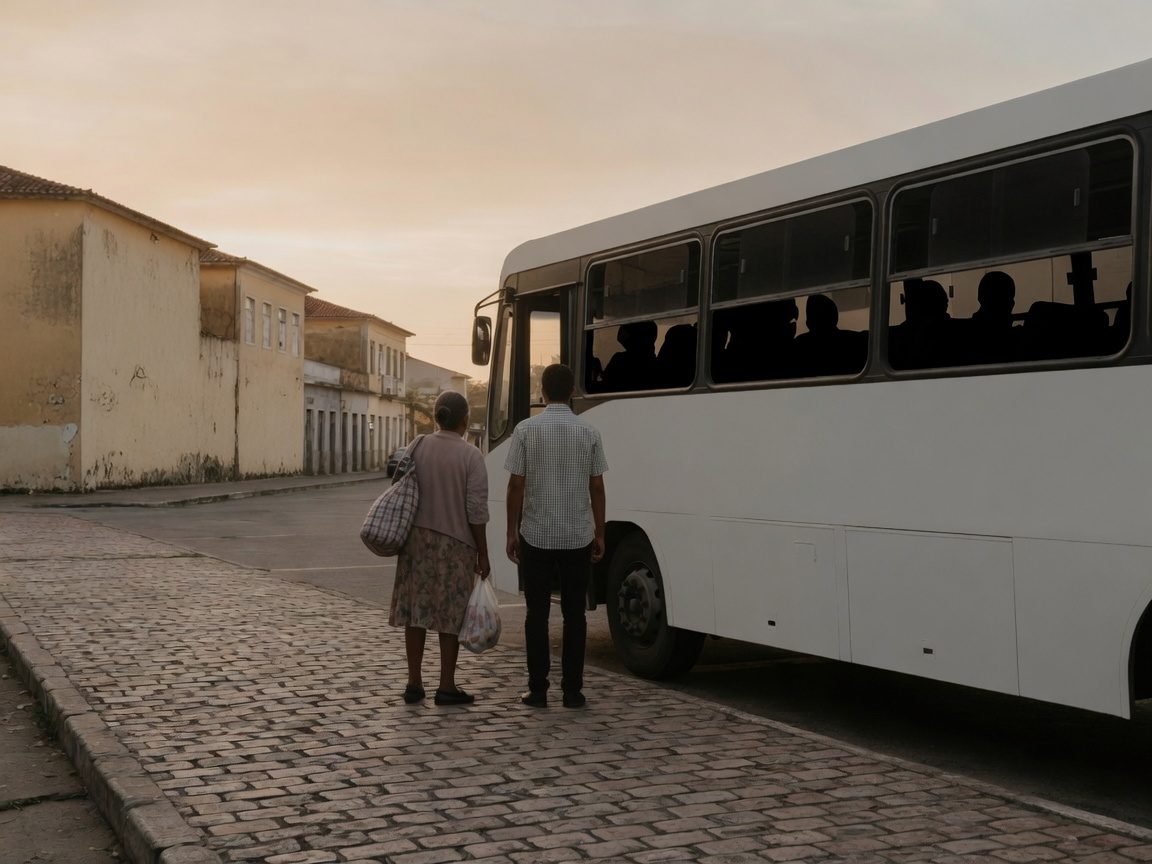 Ônibus intermunicipal parado em ponto de embarque, com duas pessoas de costas esperando na calçada de pedra no fim da tarde