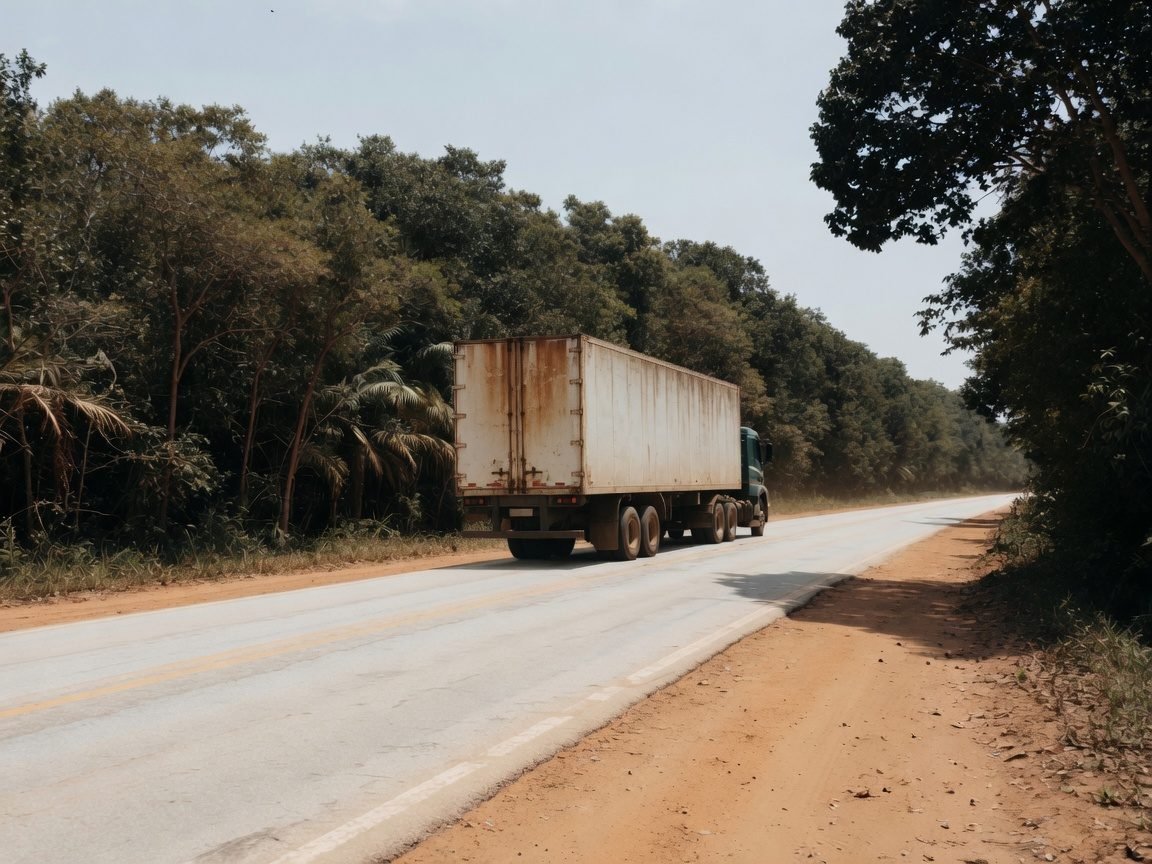 Rodovia de pista simples no Sul da Bahia, com carreta de carga em movimento e mata fechada nas margens