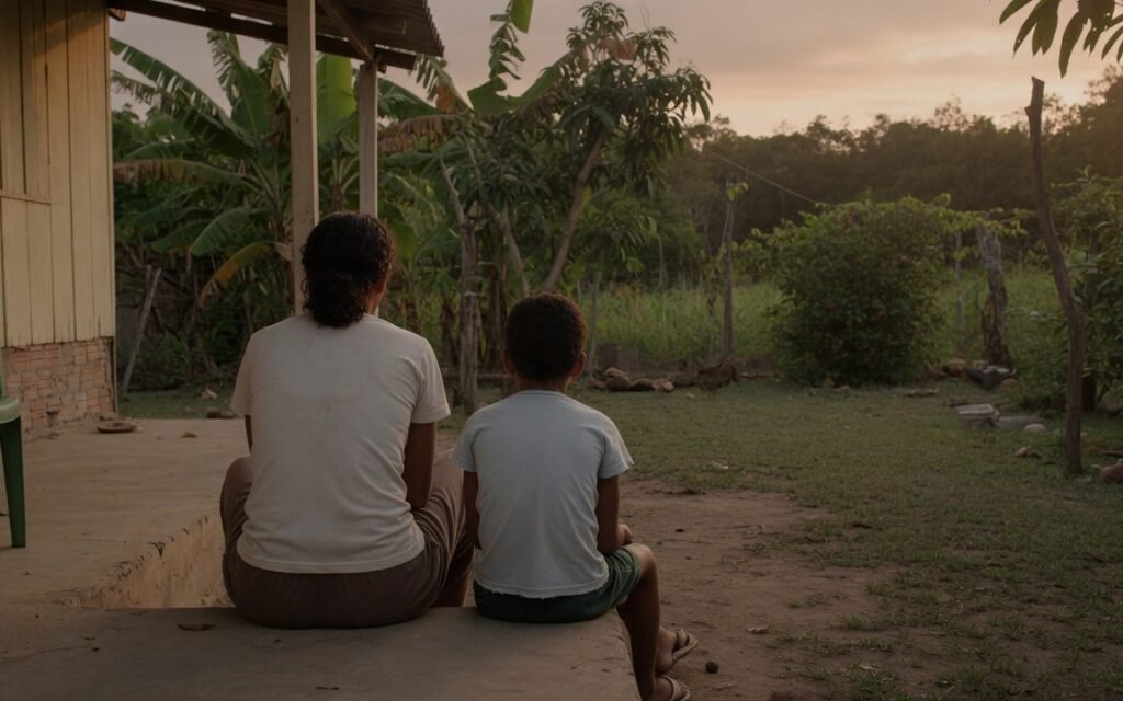 Um adulto e uma crianca sentados de costas no degrau de uma varanda, olhando o quintal no fim da tarde