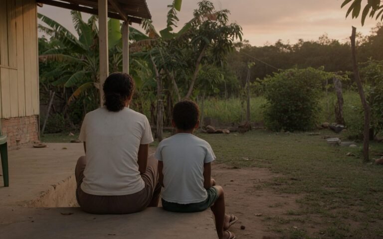 Um adulto e uma crianca sentados de costas no degrau de uma varanda, olhando o quintal no fim da tarde