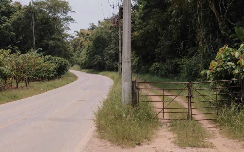Estrada de asfalto claro no Sul da Bahia seguindo ao longe, com um portao de metal antigo fechado na beira da pista