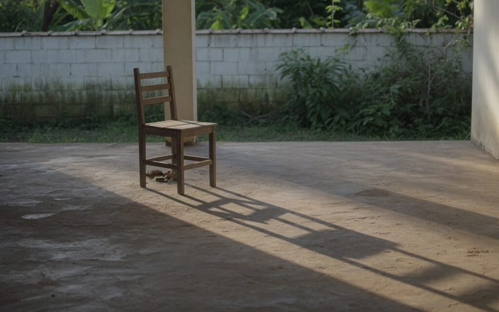 Varanda de casa simples no fim da tarde, com uma cadeira de madeira vazia e sombras longas no piso de cimento