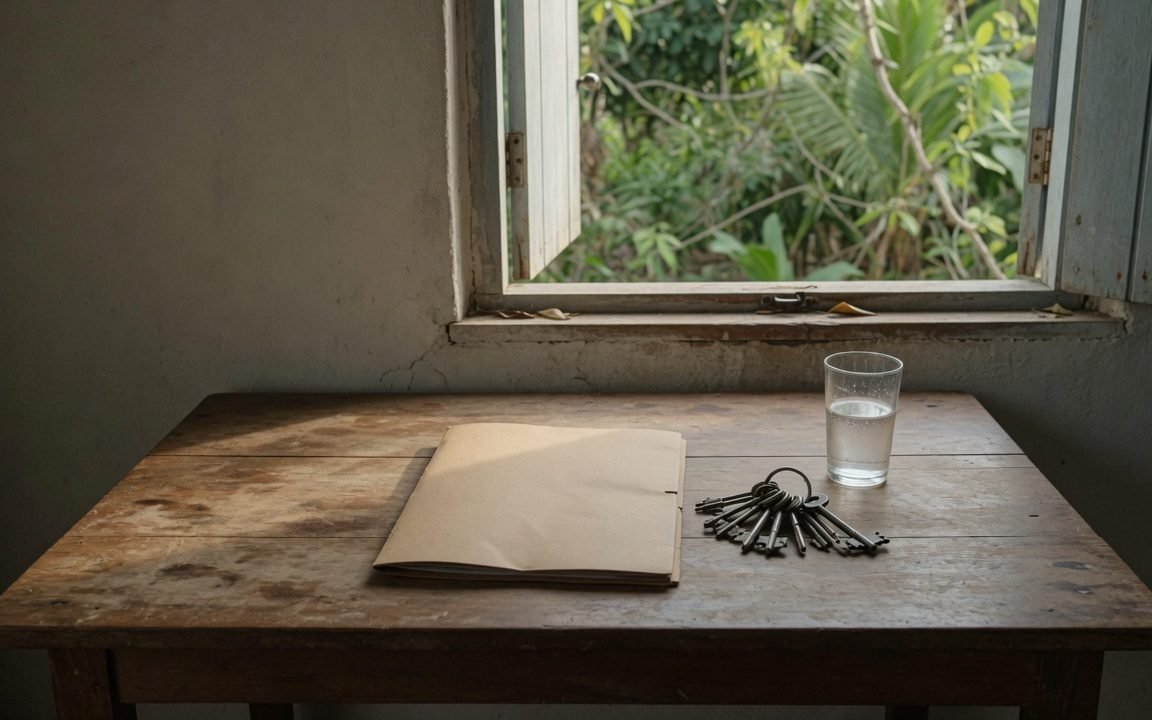 Mesa de madeira junto a uma janela, com envelope fechado, chaves e caderno, na luz da manhã